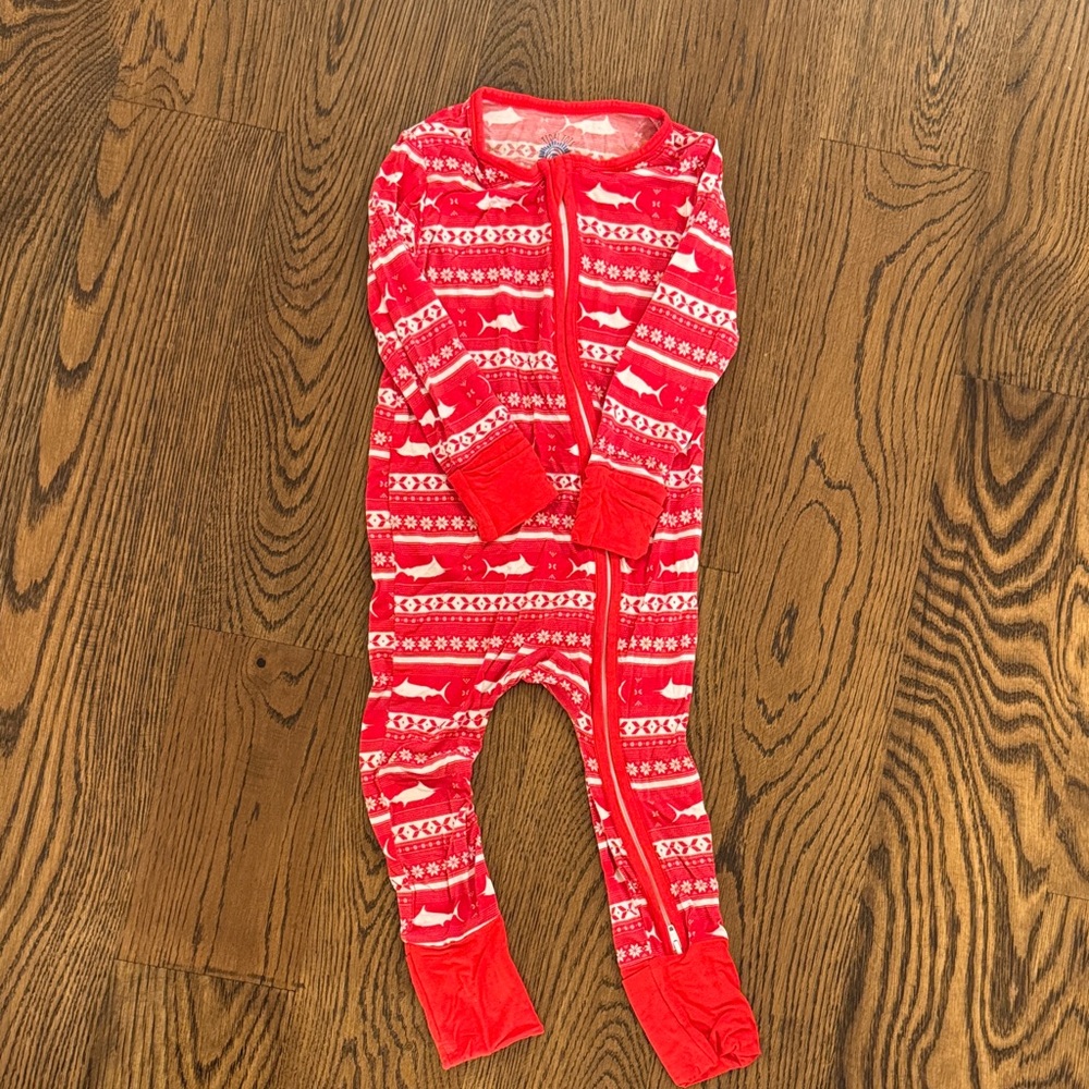Festive Red Patterned Kids Footie Pajamas